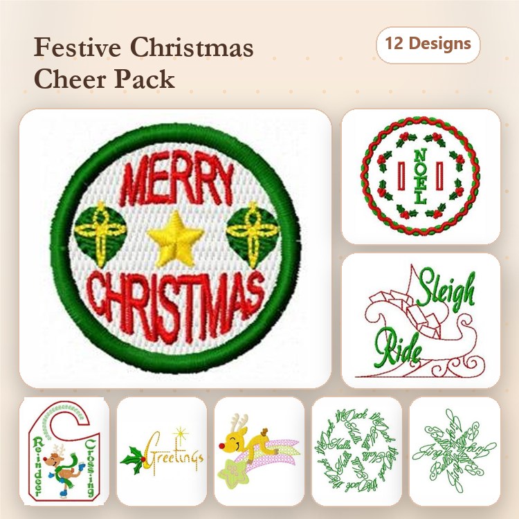 Christmas-Themed Embroidery Designs Bundle – Merry Christmas Circle, Sleigh Ride, Reindeer & More (12 Designs)