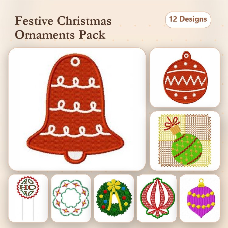 Christmas Ornament Embroidery Designs Bundle – Bell, Striped, Green, Grid Pattern & More (12 Designs)