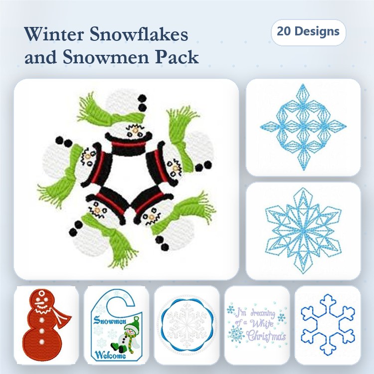 Snowman & Snowflake Winter Embroidery Designs Bundle – Snowman with Hat, Snowman Waving, Large Snowflake & More (20 Designs)