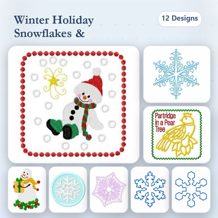 Snowman & Snowflakes Embroidery Designs Bundle – Snowman with Scarf, Christmas Snowflake 1, & More (12 Designs)