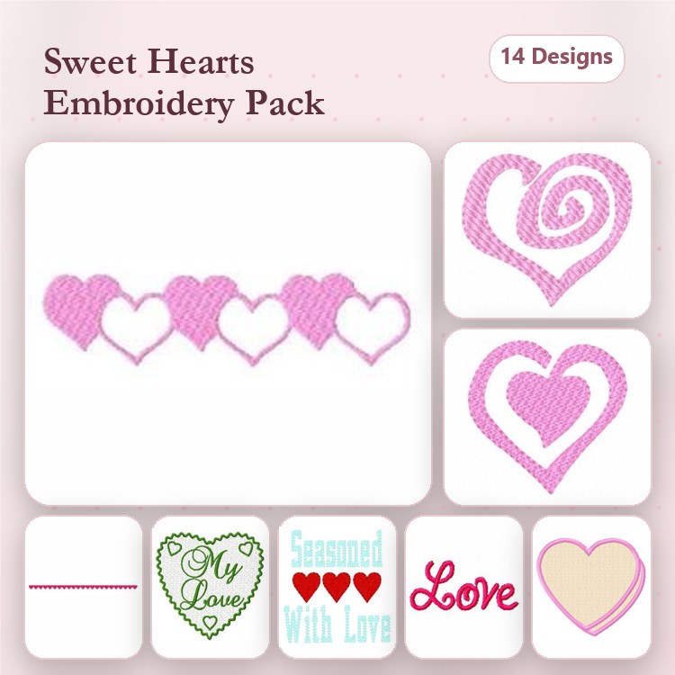 Heart-Themed Embroidery Designs Bundle – Flowing Hearts Border, Spiral Heart Design, My Love Text & More (14 Designs)