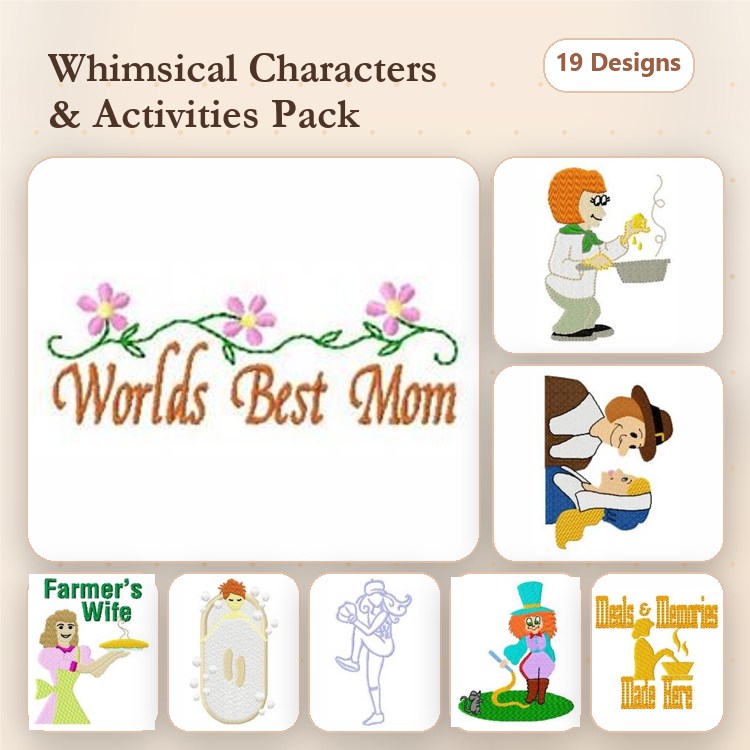 World's Best Mom Embroidery Designs Bundle – Farmer's Wife, Chef with Cooking Pot, Dancing Girl & More (19 Designs)