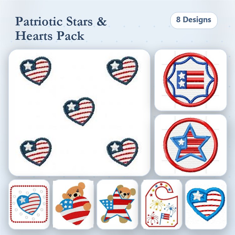 Patriotic Hearts & Stars Embroidery Designs Bundle – Star with Stripes, Heart with Flag, Bear with Flag & More (8 Designs)