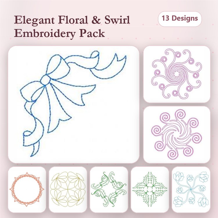 Redwork Elegant Floral & Swirl Embroidery Designs Bundle – Bow Design, Swirl Pattern 1, Floral Frame 1 & More (13 Designs)