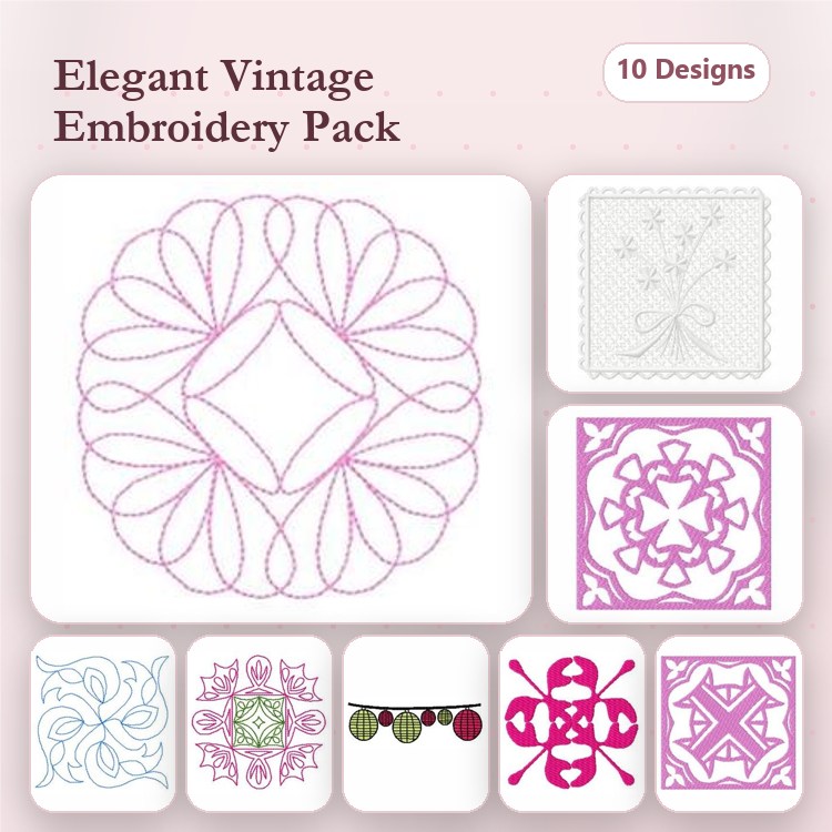 Floral Motif Embroidery Designs Bundle – Lace Floral Motif, Decorative Swirl, Vintage Flower Medallion & More (10 Designs)