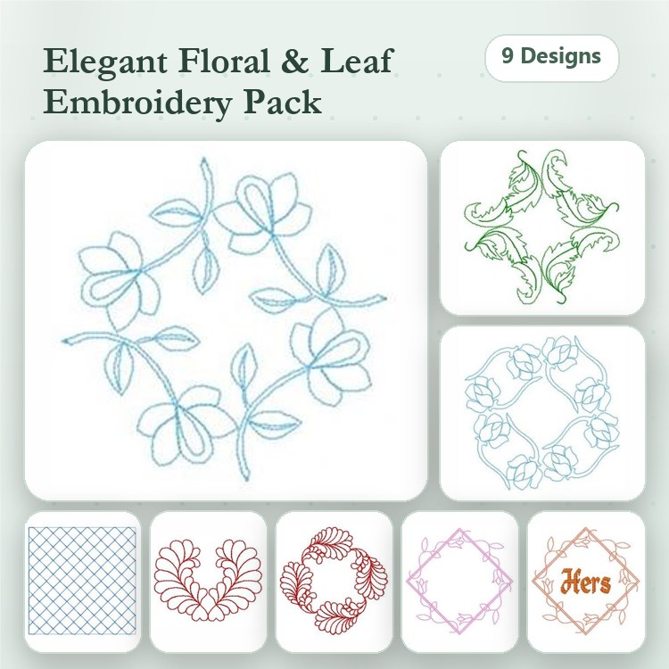 Redwork Floral and Leaf Embroidery Bundle – Floral Wreath, Leaf Motif, Floral Corner Design & More (9 Designs)