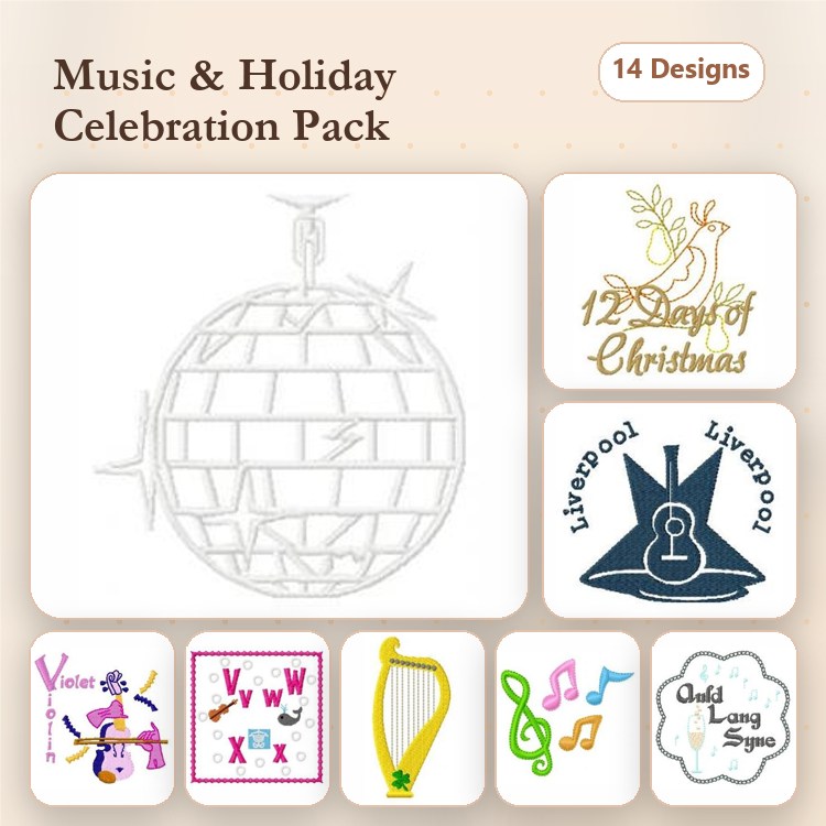 Music & Holiday Celebration Embroidery Designs Bundle – Disco Ball, Harp, 12 Days of Christmas & More (14 Designs)