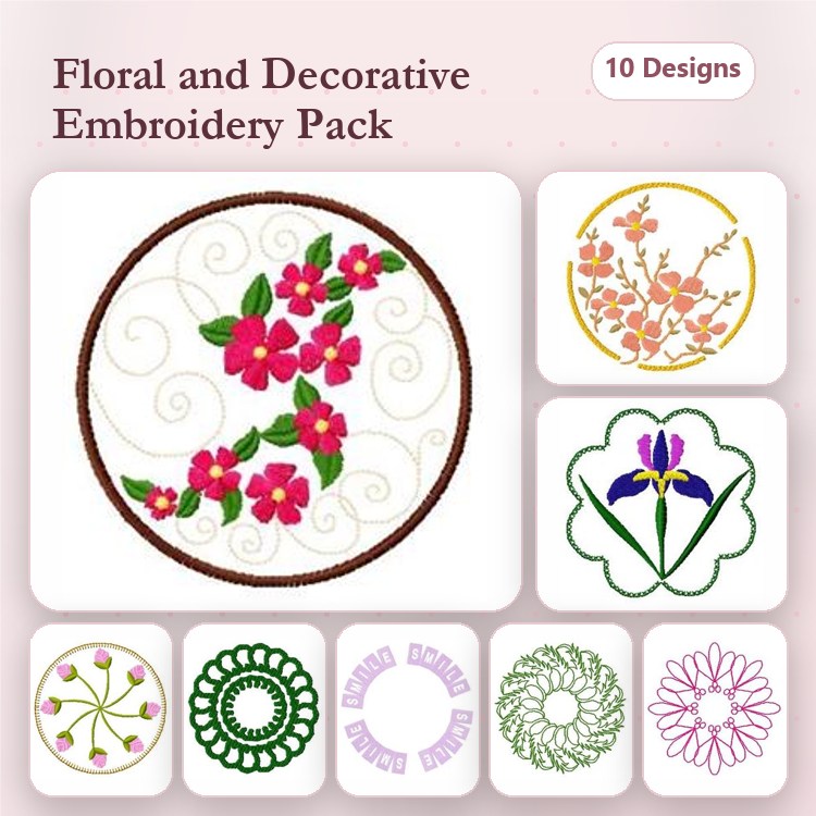 Floral and Decorative Embroidery Designs Bundle – Floral Wreath, Cherry Blossom, Iris Flower & More (10 Designs)