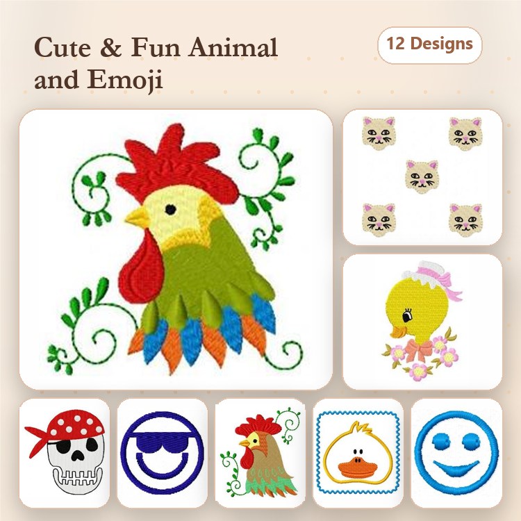 Cute Animal & Emoji Embroidery Designs Bundle – Rooster, Cute Cat Face, Happy Face Emoji & More (12 Designs)