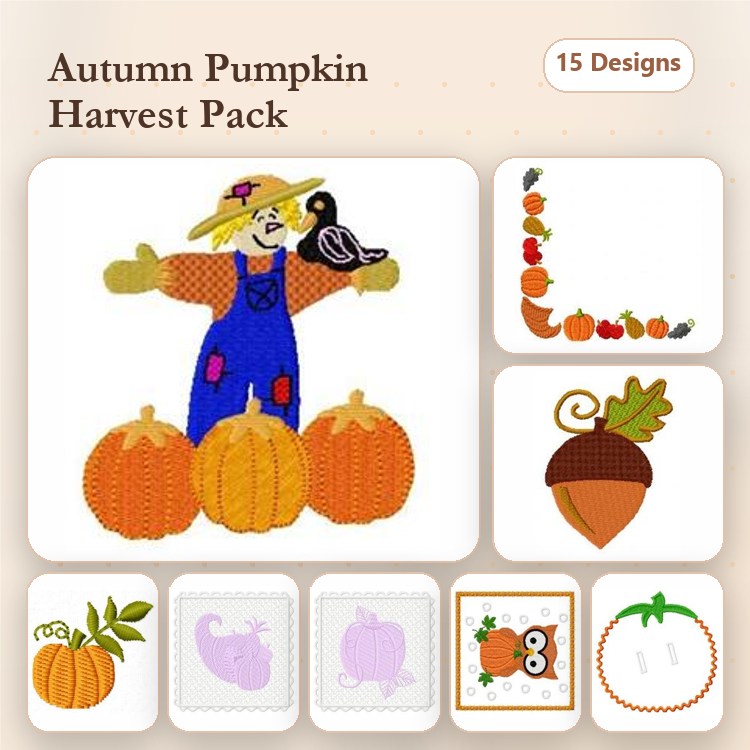 Autumn Harvest Embroidery Designs Bundle – Scarecrow with Pumpkin, Pumpkin Stack, Acorn with Leaf & More (15 Designs)