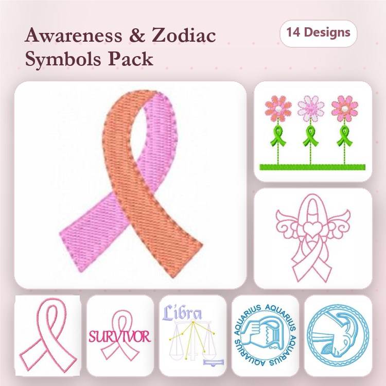Awareness and Zodiac Symbols Embroidery Designs Bundle – Awareness Ribbon, Libra Zodiac Symbol, Pink Ribbon & More (14 Designs)