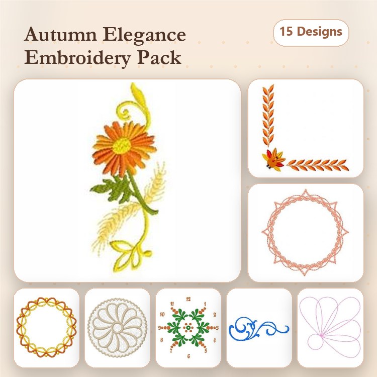 Autumn Floral Embroidery Designs Bundle – Flower with Leaves, Autumn Wreath, Daisy and Wheat & More (15 Designs)