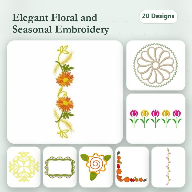Floral and Seasonal Embroidery Designs Bundle – Sunflower Vine, Tulip Border, Swirling Rose & More (20 Designs)