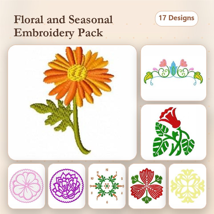 Floral Embroidery Designs Bundle – Orange Daisy, Pink Rose, Lotus Flower & More (17 Designs)
