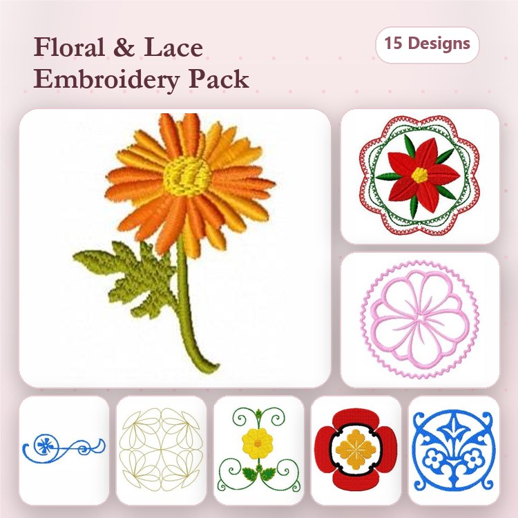 Floral and Lace Embroidery Designs Bundle – Orange Flower, Circular Lace Design, Floral Lace Motif & More (15 Designs)