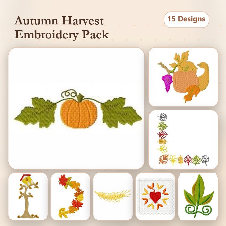 Autumn Harvest Embroidery Designs Bundle – Pumpkin with Leaves, Cornucopia, Tree with Leaves & More (15 Designs)