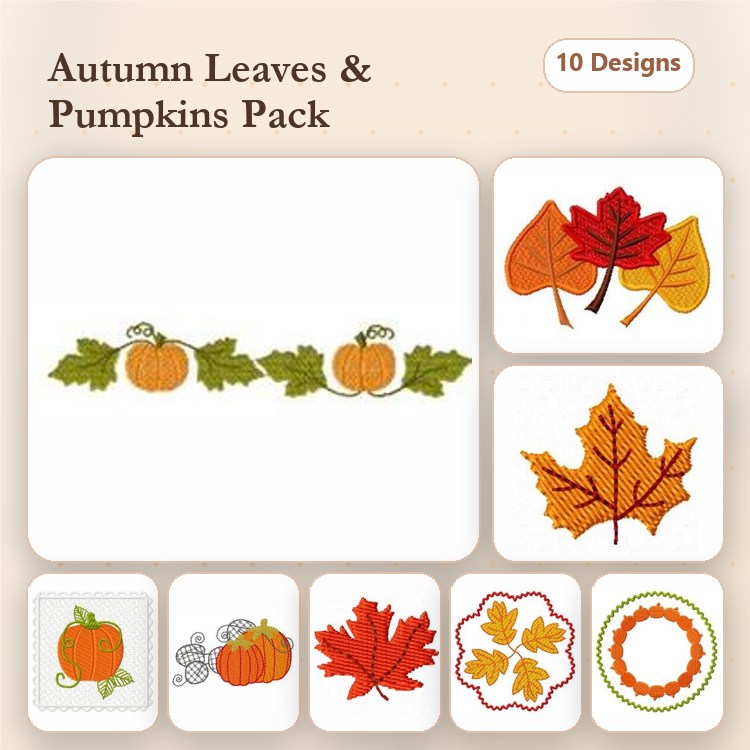 Autumn Leaves & Pumpkins Embroidery Designs Bundle – Pumpkin Decoration, Maple Leaf, Oak Leaf & More (10 Designs)