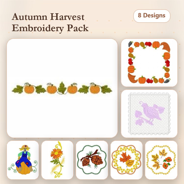 Autumn and Harvest Embroidery Designs Bundle – Pumpkin Border, Thanksgiving Turkey, Scarecrow & More (8 Designs)