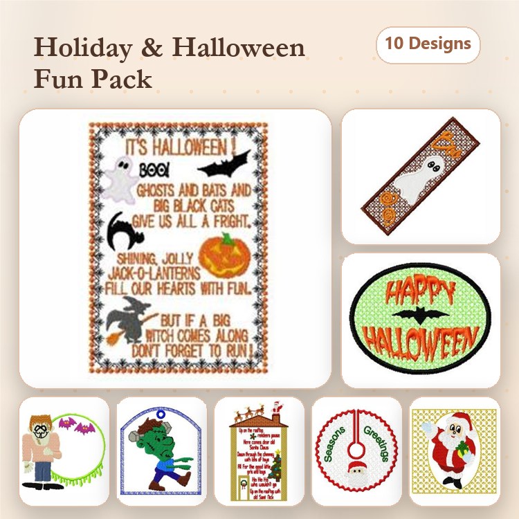 Halloween Characters Embroidery Designs Bundle – Happy Halloween Sign, Jack-o'-Lantern, Spooky Witch & More (10 Designs)