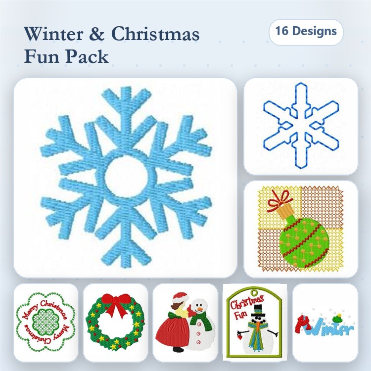 Festive Winter Embroidery Designs Bundle – Snowflake, Santa Claus, Christmas Wreath & More (16 Designs)