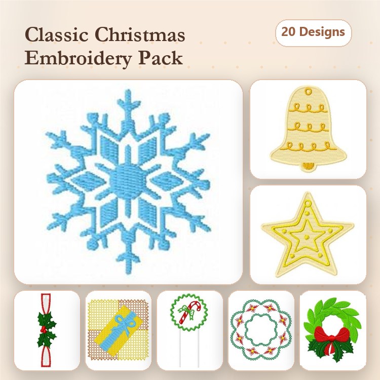 Classic Christmas Embroidery Designs Bundle – Snowflake, Christmas Bell, Star & More (20 Designs)