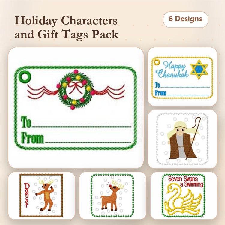 Holiday Character Embroidery Bundle – Wreath Gift Tag, Happy Chanukah Gift Tag, Christmas Reindeer Gift Tag & More (6 Designs)