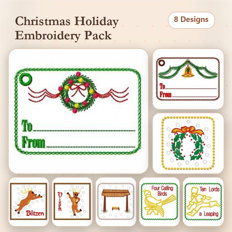 Christmas Gift Tag Embroidery Designs Bundle – Wreath, Bell, Reindeer, Christmas Tree & More (8 Designs)
