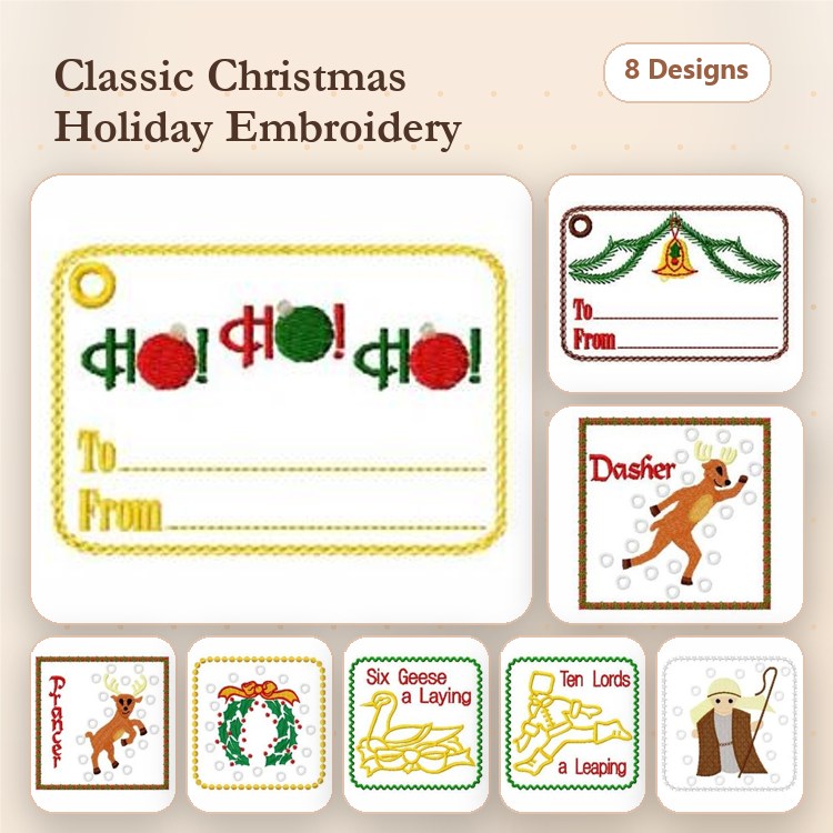 Christmas Gift Tag & Decoration Embroidery Designs Bundle – Ho Ho Ho Gift Tag, Santa Claus Decoration, & More (8 Designs)