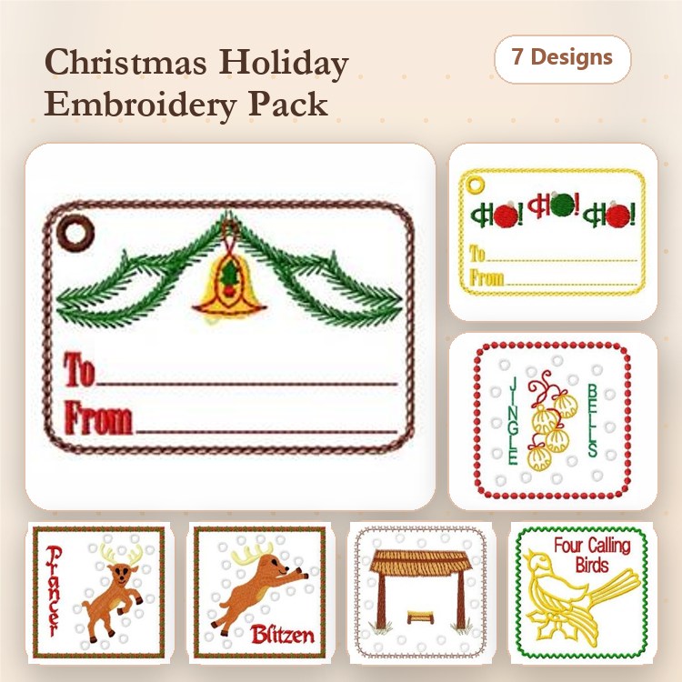 Redwork Christmas Holiday Embroidery Designs Bundle – Christmas Bell Tag, Reindeer Blitzen, Gift Tag with Ornaments & More (7 Designs)