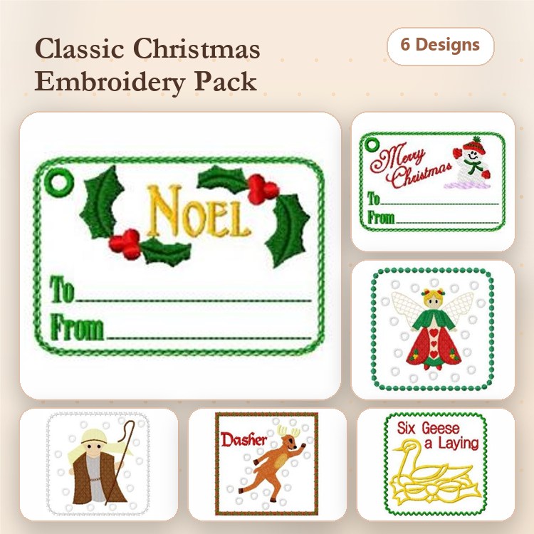 Classic Christmas Embroidery Designs Bundle – Noel Gift Tag, Merry Christmas, Christmas Elf & More (6 Designs)