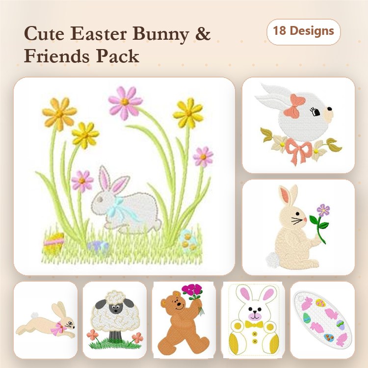 Easter Bunny and Friends Embroidery Bundle – Easter Bunny with Flowers, Bunny with Egg, Sheep with Flower & More (18 Designs)