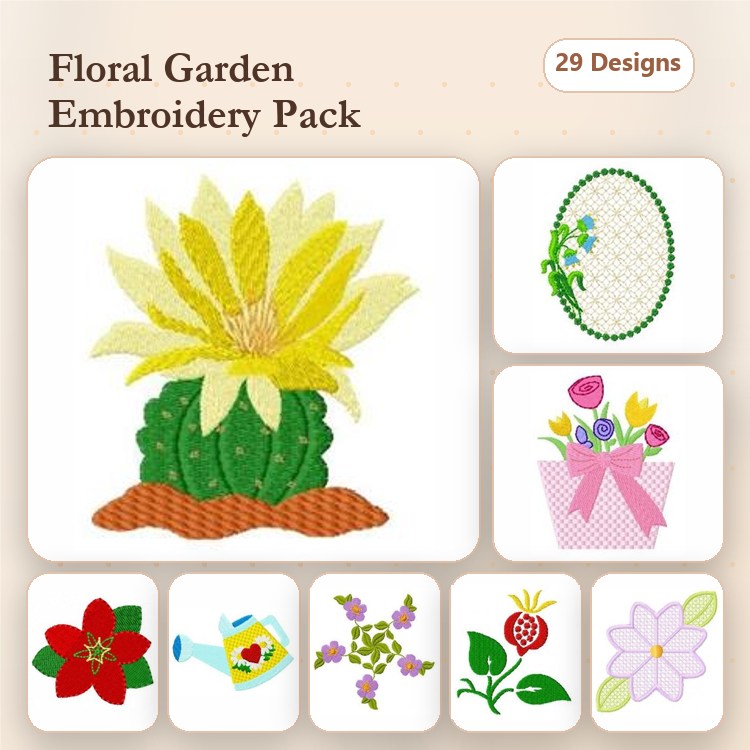 Floral Garden Embroidery Designs Bundle – Cactus Flower, Floral Wreath, Flower Basket & More (29 Designs)