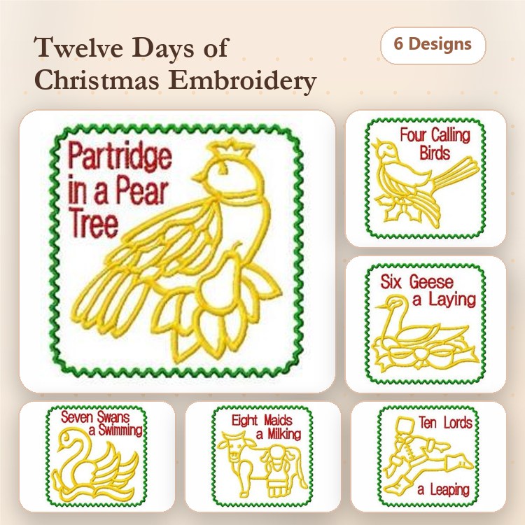Redwork Twelve Days of Christmas Embroidery Bundle – Partridge in a Pear Tree, Four Calling Birds, Six Geese a Laying & More (6 Designs)