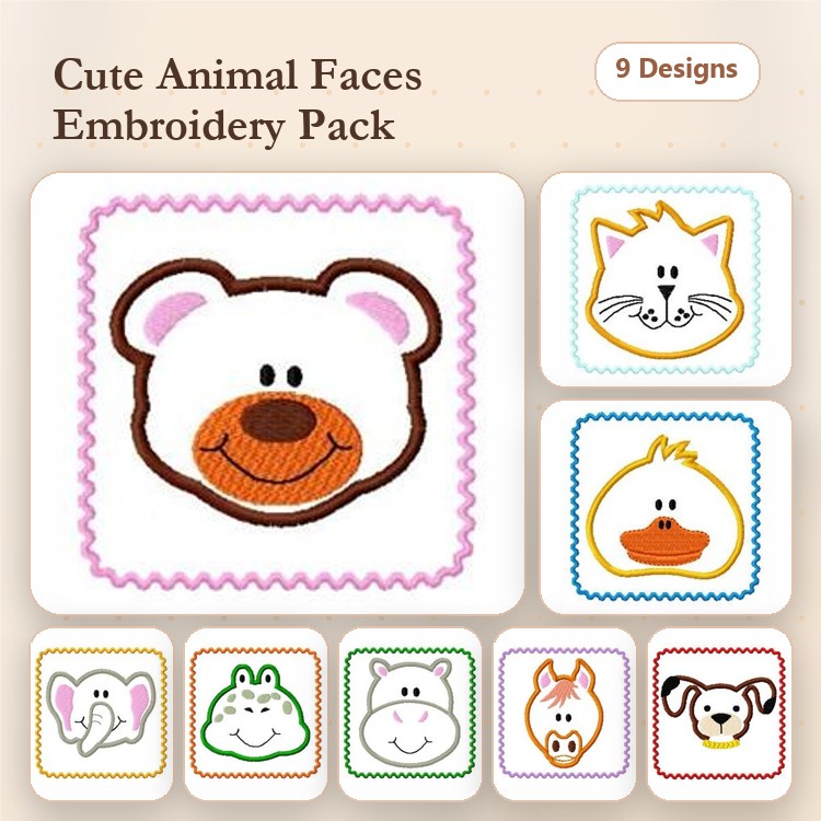 Animal Face Embroidery Bundle – Fun and Cute Designs (9 Designs)
