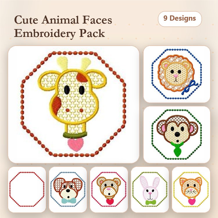 Animal Face Embroidery Bundle – Cute Designs (9 Designs)