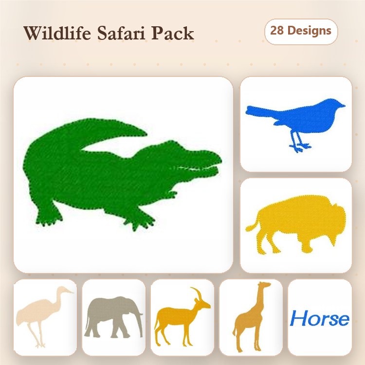 Wildlife Animals Embroidery Designs Bundle – Crocodile, Blue Bird, Bison, Horse & More (28 Designs)