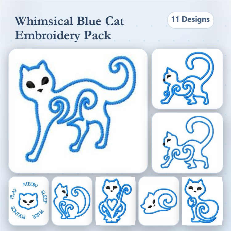 Blue Cat Embroidery Designs Bundle – Whimsical Blue Cat with Swirls, Playful Blue Cat, Sitting Blue Cat & More (11 Designs)