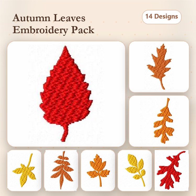 Autumn Leaves Embroidery Designs Bundle – Red Maple Leaf, Orange Oak Leaf, Yellow Birch Leaf & More (14 Designs)