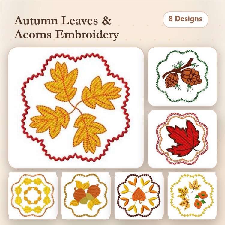 Autumn Leaves & Acorns Embroidery Designs Bundle – Maple Leaf, Oak Leaves, Acorn Cluster & More (8 Designs)