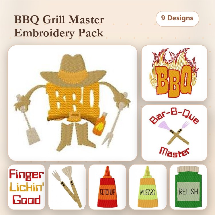 BBQ Grill Master Embroidery Designs Bundle – Finger Lickin' Good, Ketchup Bottle, Mustard Bottle & More (9 Designs)