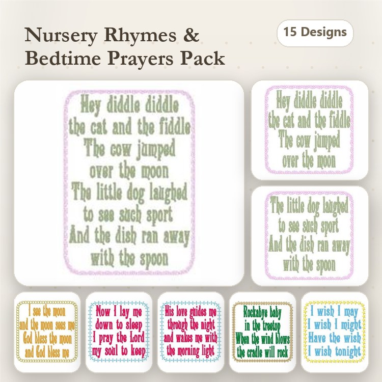 Nursery Rhymes & Bedtime Prayers Embroidery Designs Bundle – Hey Diddle Diddle, Twinkle Twinkle Little Star, & More (15 Designs)
