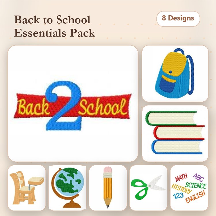 Back to School Embroidery Designs Bundle – Backpack, Books, School Chair & More (8 Designs)