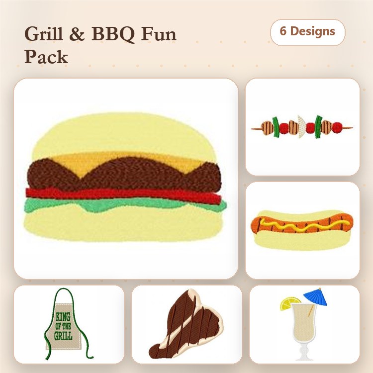 BBQ & Grill Embroidery Designs Bundle – Cheeseburger, Hot Dog, BBQ Skewers & More (6 Designs)