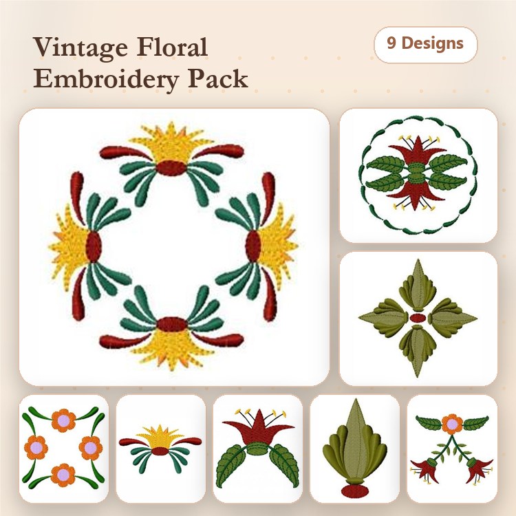 Floral Embroidery Designs Bundle – Floral Wreath, Flower Cluster, Ornate Floral Centerpiece & More (9 Designs)