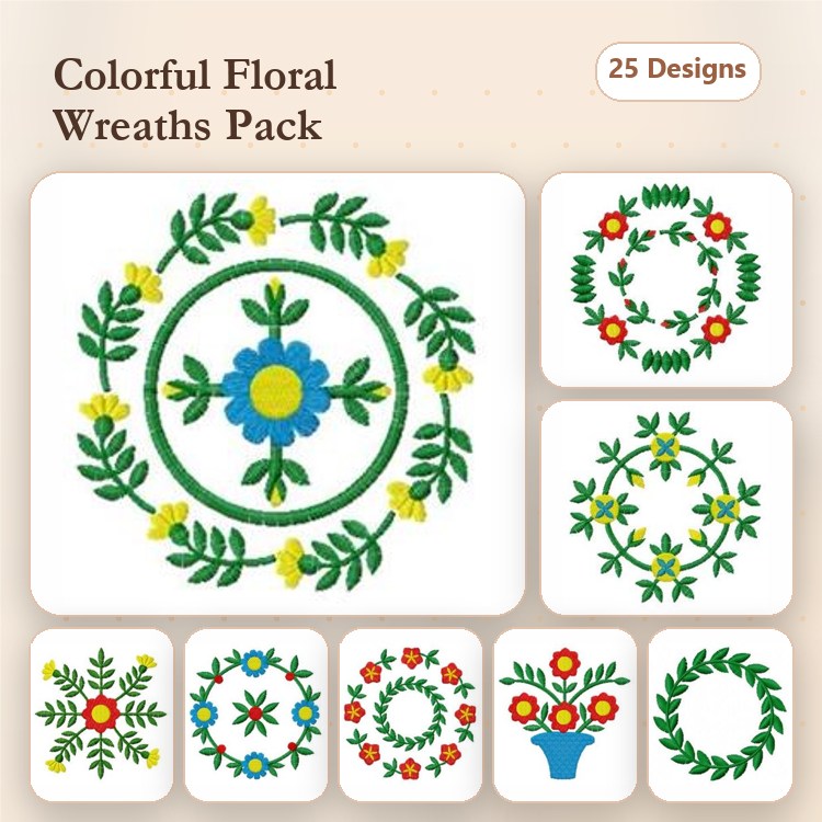 Floral Wreath Embroidery Designs Bundle – Blue Flower, Red Flowers, Green Leaves & More (25 Designs)