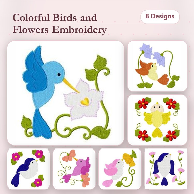 Colorful Birds and Flowers Embroidery Designs Bundle – Blue Bird with Flower, Yellow Bird with Flower, & More (8 Designs)