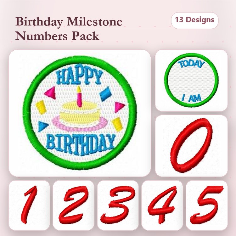 Birthday Milestone Numbers Embroidery Designs Bundle – Happy Birthday Cake Circle, Today I Am Circle, & More (13 Designs)