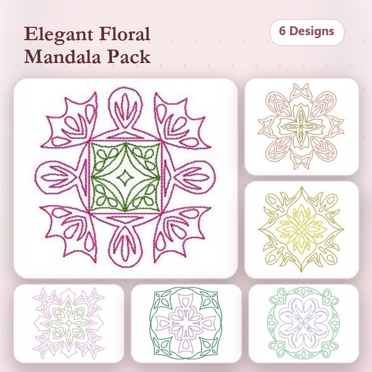 Redwork Floral Mandala Embroidery Designs Bundle – Mandala with Leaves, Geometric Floral Mandala, & More (6 Designs)