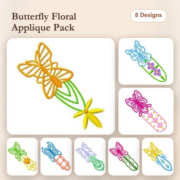 Applique Butterfly & Floral Embroidery Bundle – Butterfly with Floral Stem, Blue Butterfly with Flowers & More (8 Designs)