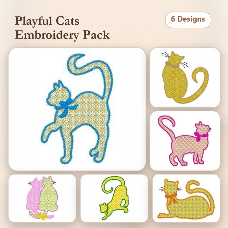 Cats Embroidery Designs Bundle – Cat with Blue Bow, Standing Cat, Two Cats Together & More (6 Designs)